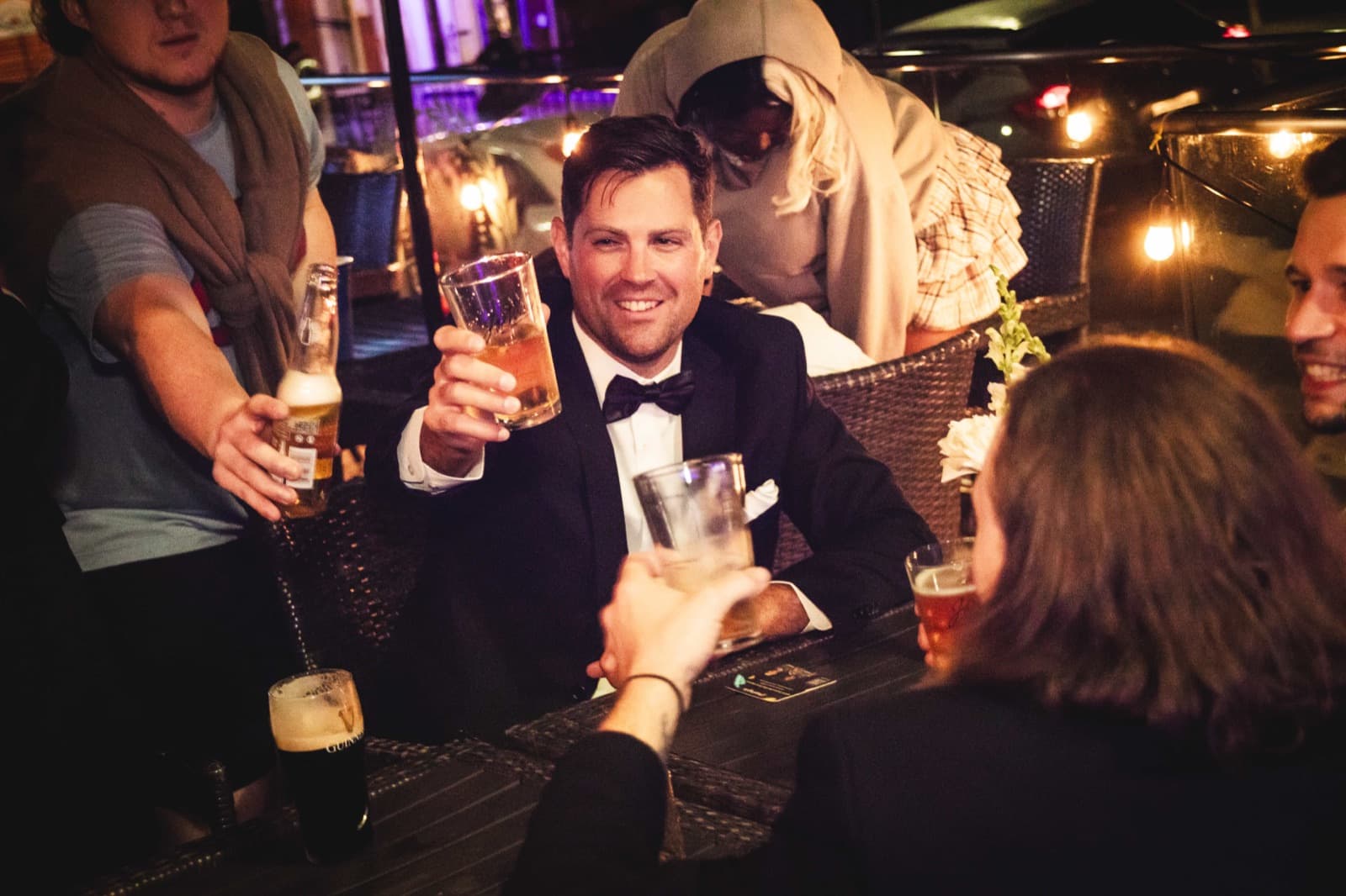 A toast at a booth table